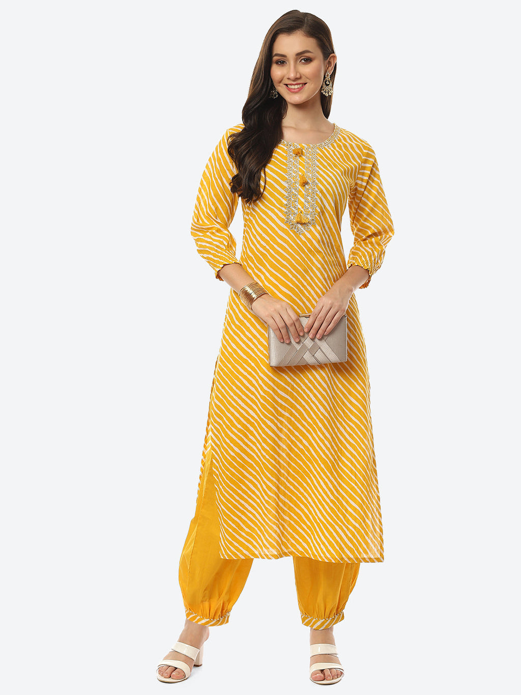 Printed Neck Embroidered Cotton Kurta With Pant