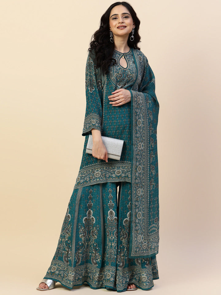 Digital Printed Crepe Kurta With Sharara &amp; Dupatta