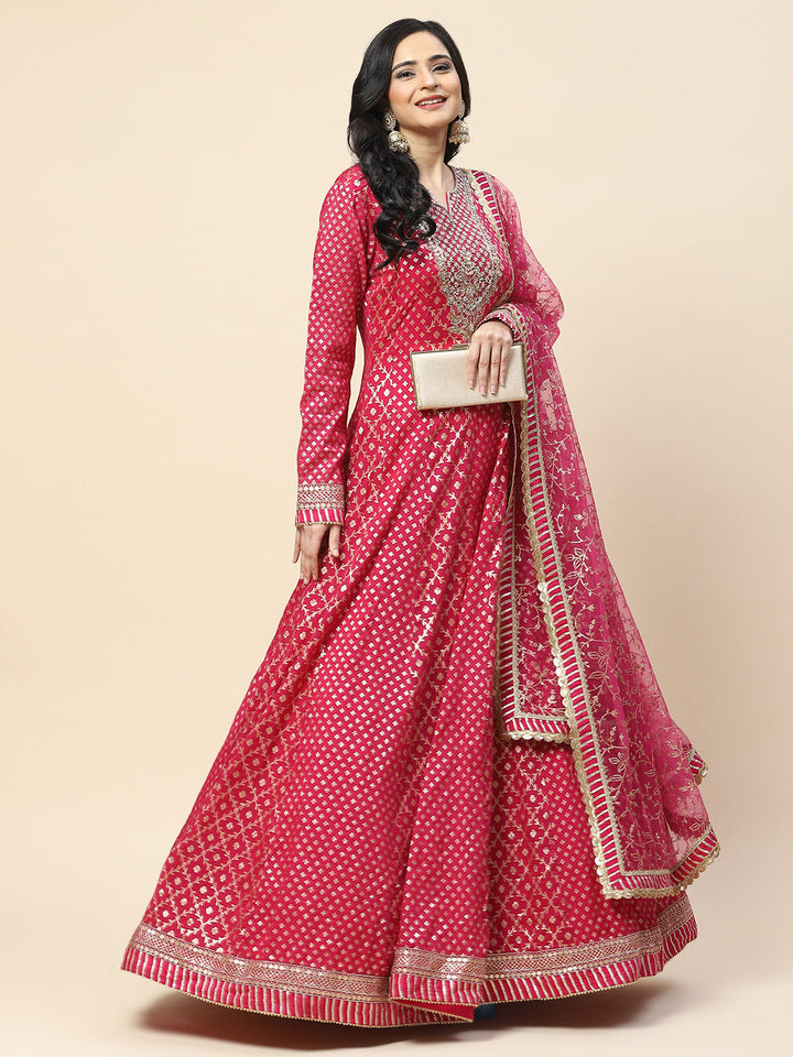 Zari Jaal Chanderi Anarkali Kurta With Churidar &amp; Dupatta