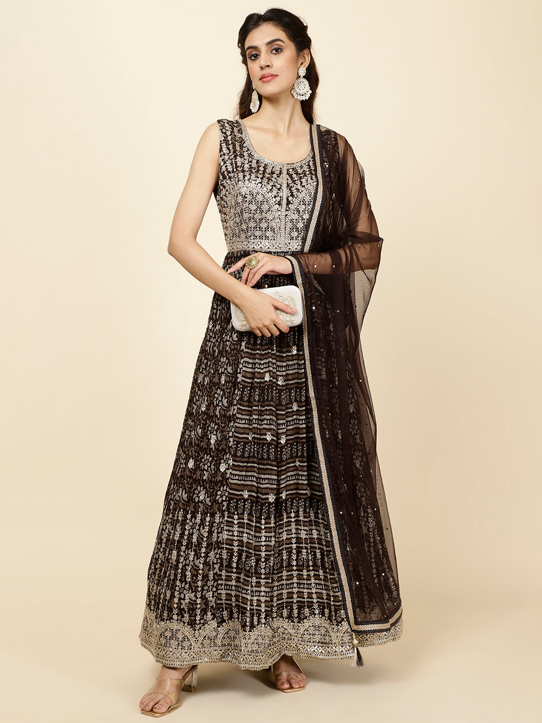 Zari Booti Embroidered Crepe Kurta With Churidar &amp; Dupatta