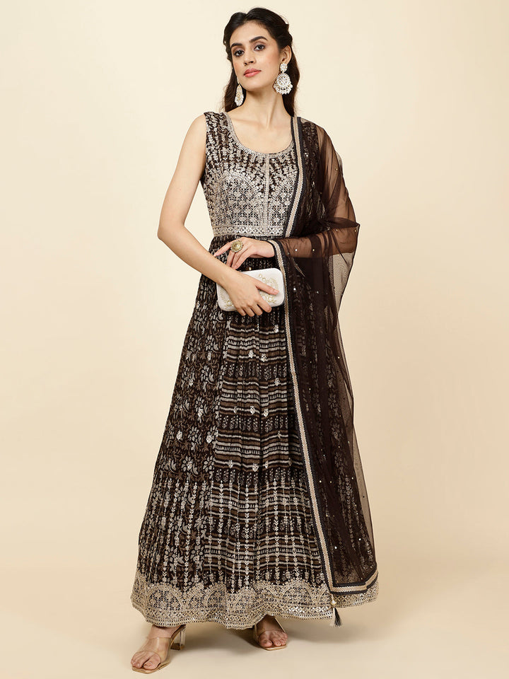 Zari Booti Embroidered Crepe Kurta With Churidar &amp; Dupatta