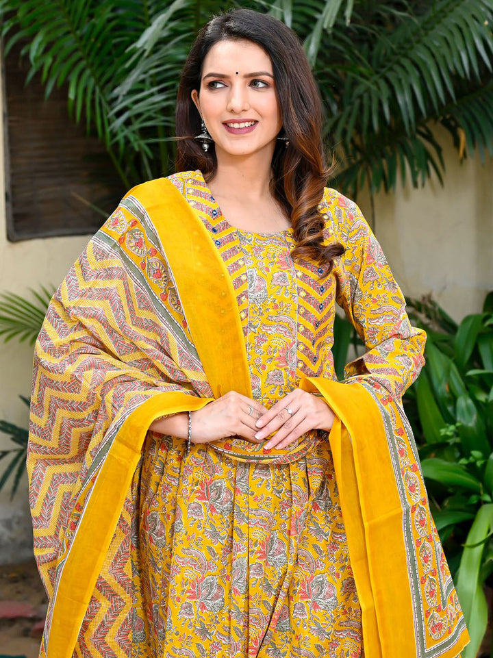 Floral Printed Cotton Kurta With Pants &amp; Dupatta