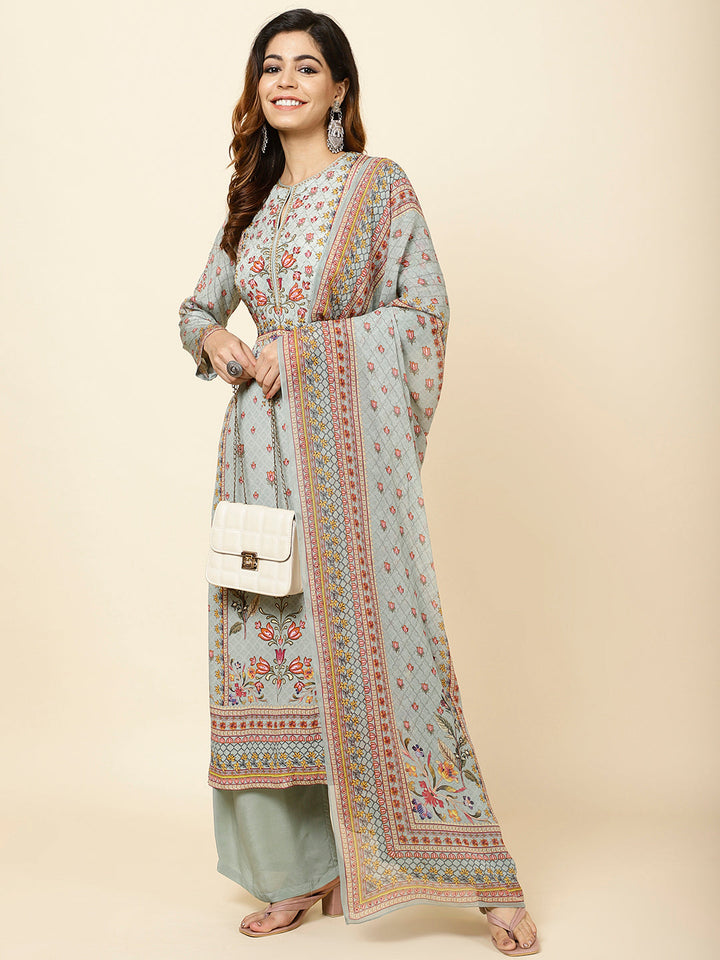 Digital Floral Printed Crepe Kurta With Palazzo &amp; Dupatta