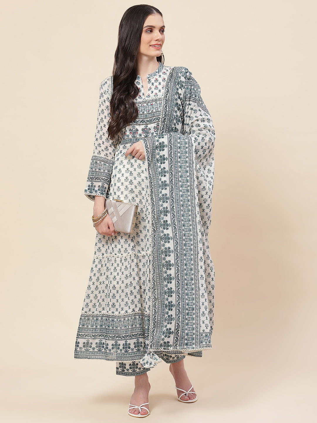 Floral Printed Cotton Kurta With Pants &amp; Dupatta
