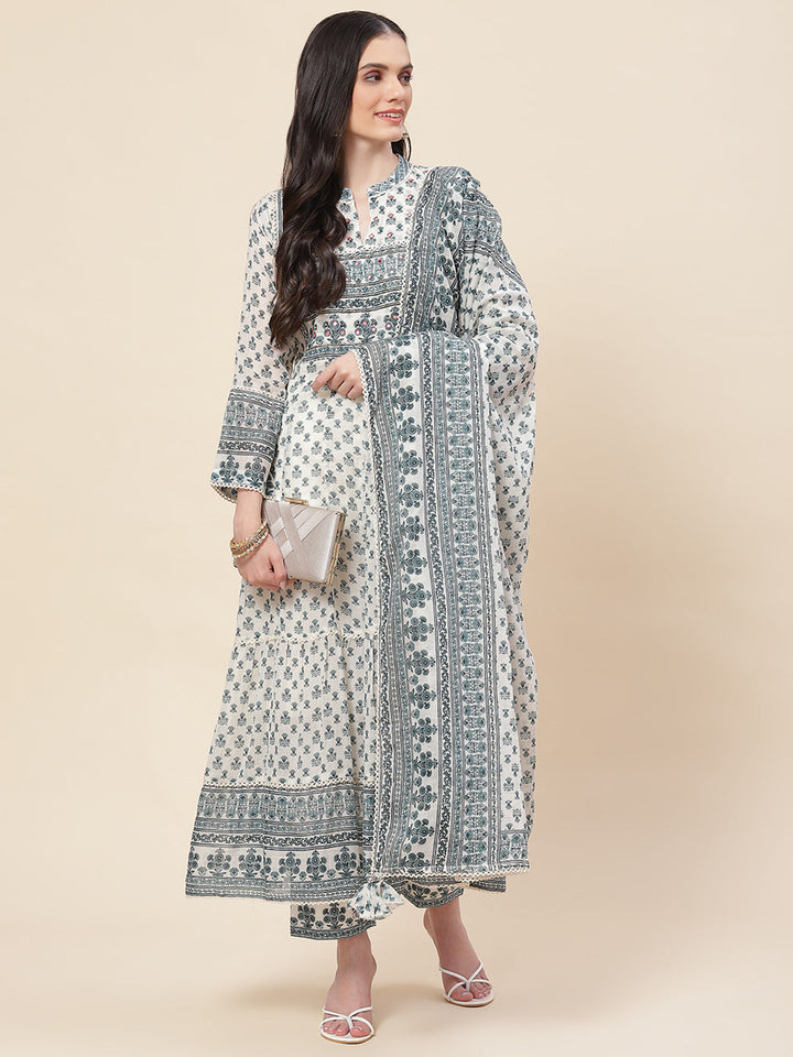 Floral Printed Cotton Kurta With Pants &amp; Dupatta