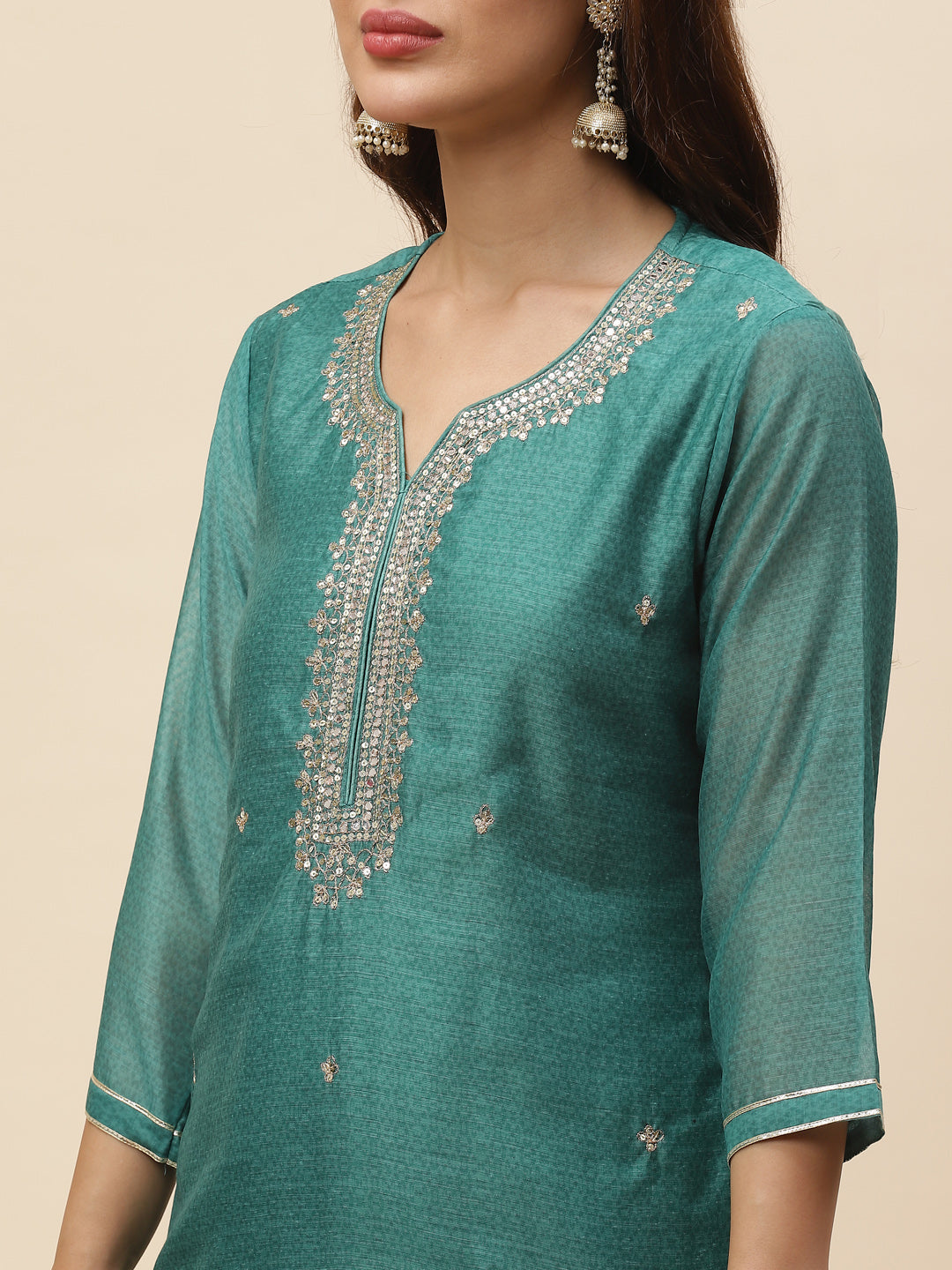 Neck Embroidered Chanderi Kurta With Pants &amp; Dupatta