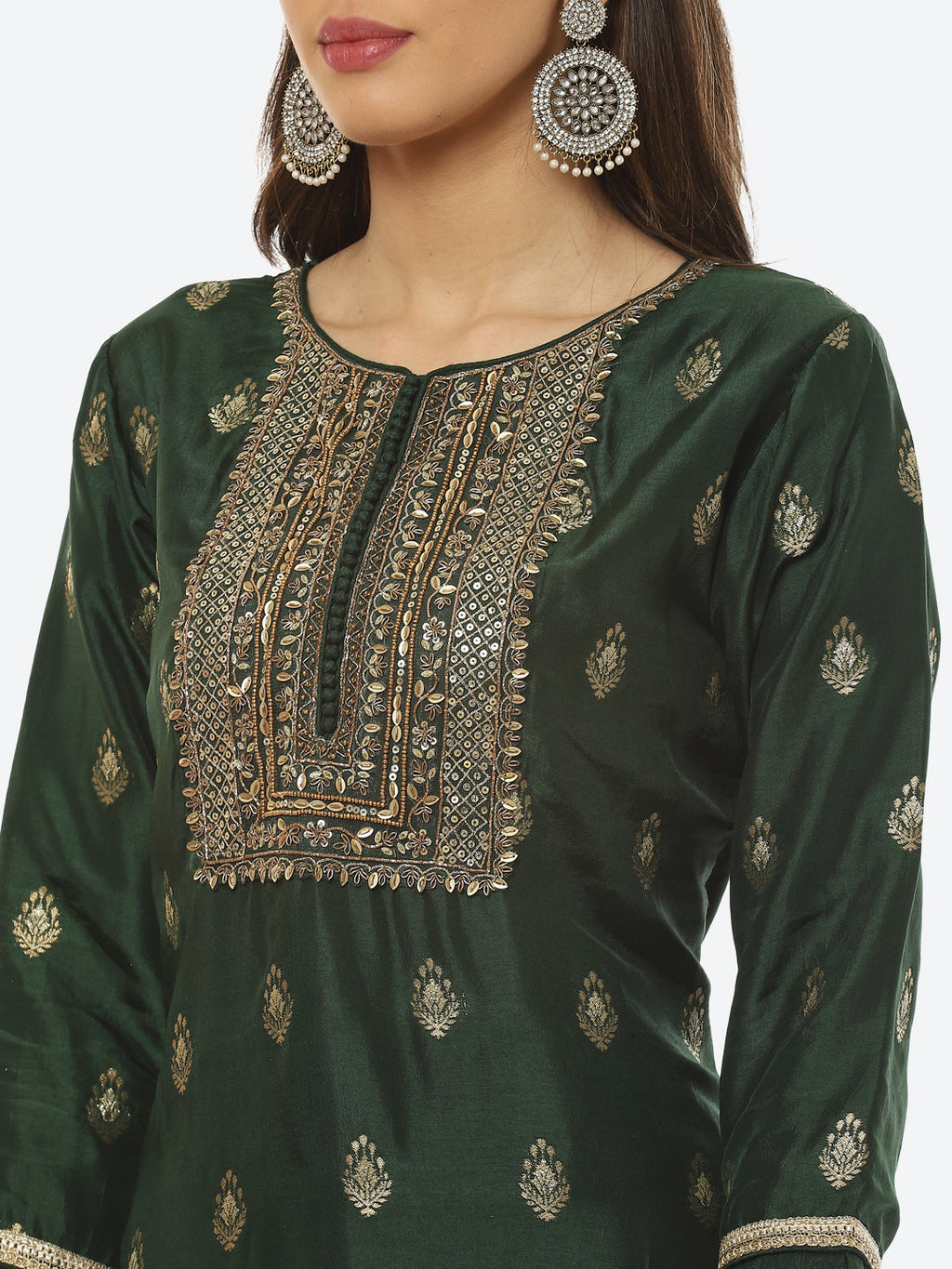 Zari Booti Neck Zari Embroidered Handloom Kurta With Palazzo & Dupatta