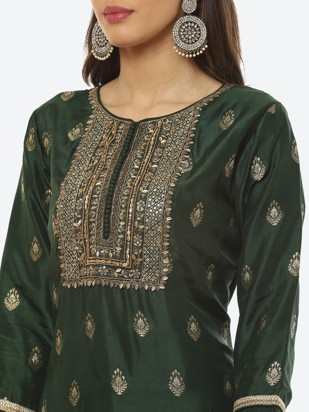Zari Booti Neck Zari Embroidered Handloom Kurta With Palazzo &amp; Dupatta