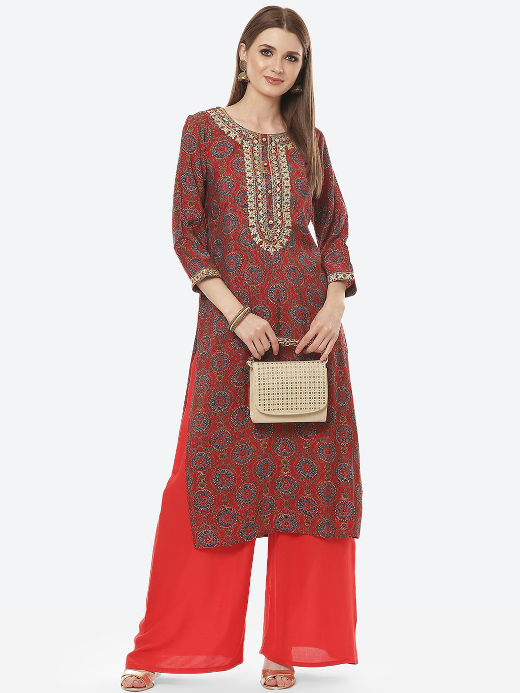 Printed Neck Embroidered Cotton Kurti