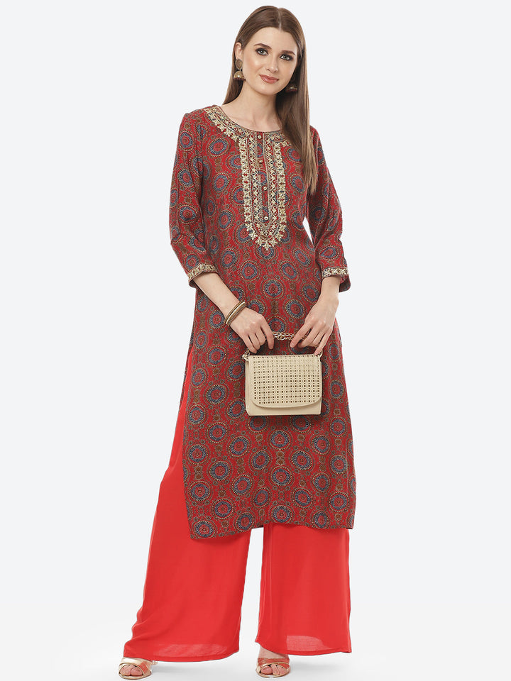 Printed Neck Embroidered Cotton Kurti