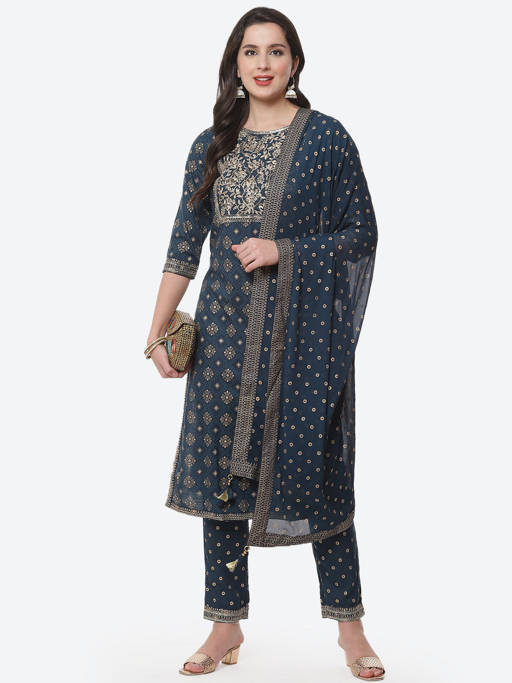 Zari Work Cotton Muslin Kurti Printed Pant And Dupatta