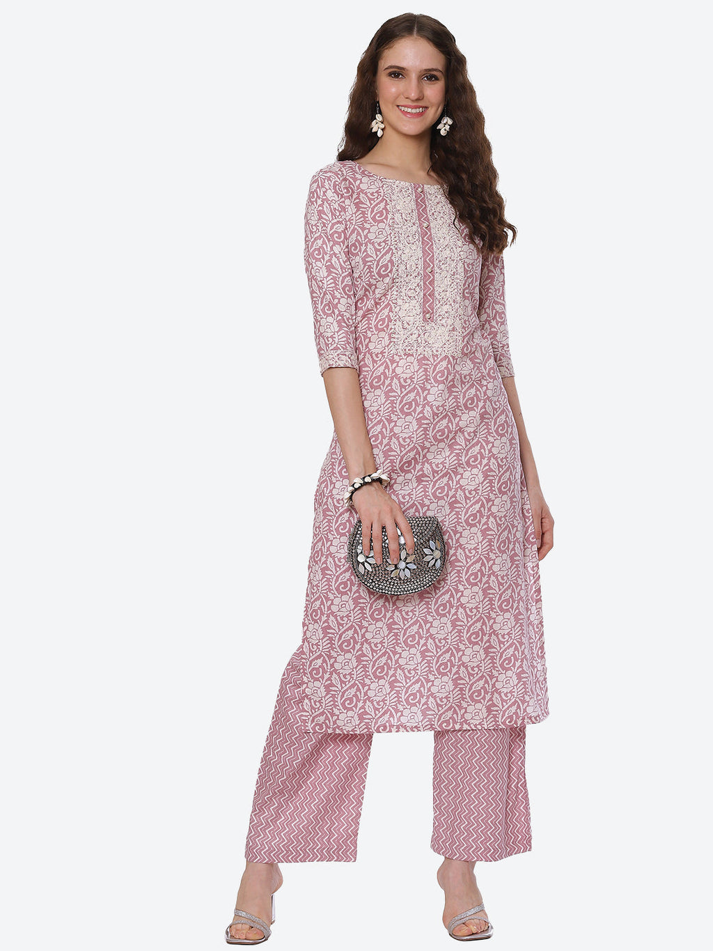 Neck Embroidered Printed Cotton Kurta With Palazzo