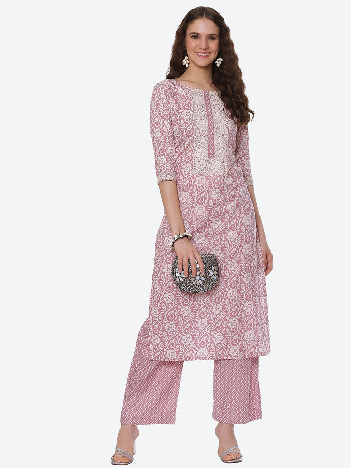 Neck Embroidered Printed Cotton Kurta With Palazzo
