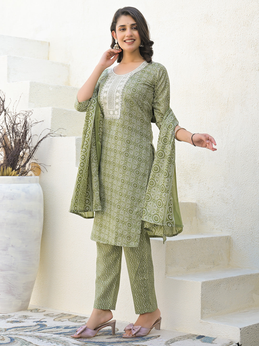 Floral Printed Cotton Kurta With Pants &amp; Dupatta