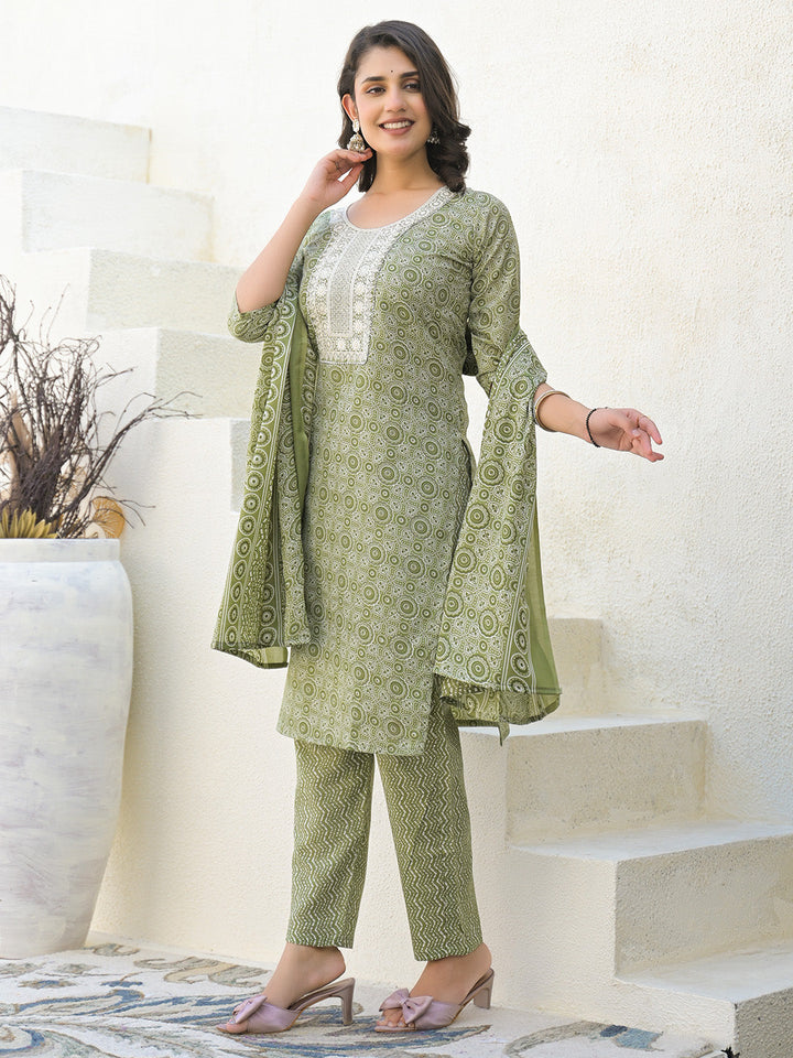 Floral Printed Cotton Kurta With Pants &amp; Dupatta