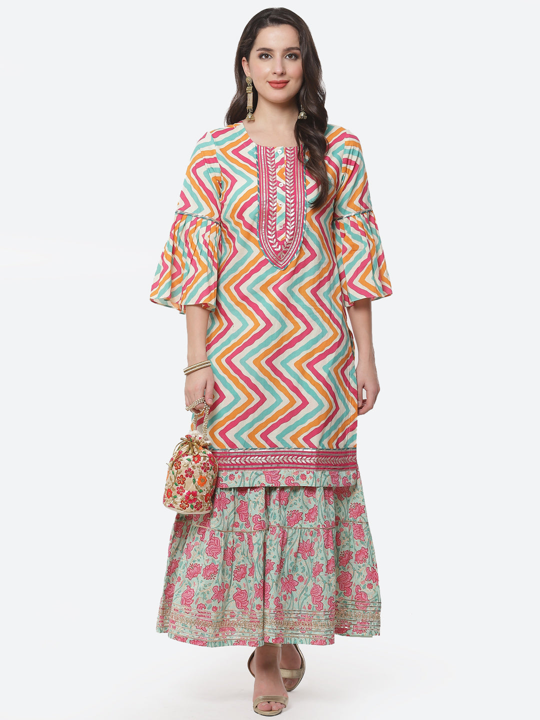 Leheriya Printed Gota Work Cotton Kurti With Sharara