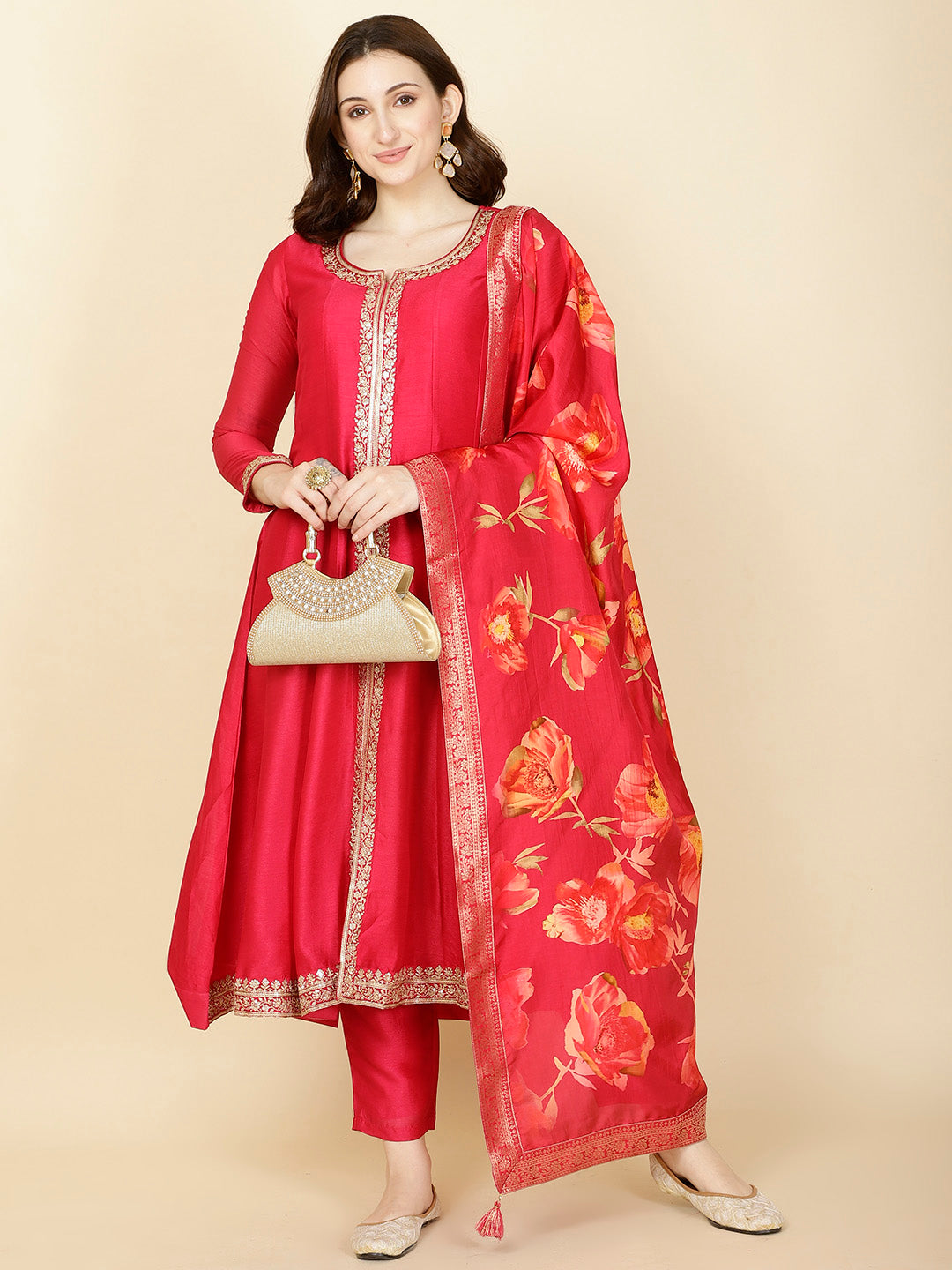 Neck Embroidery Handloom Kurta With Pants &amp; Dupatta