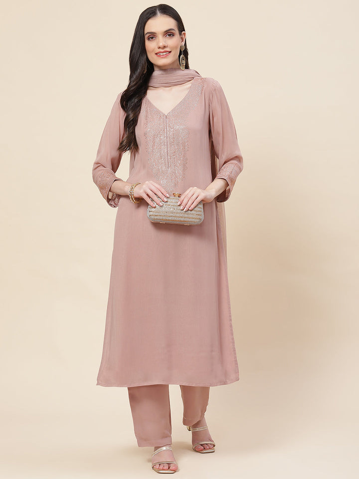 Neck Embellished Georgette Kurta With Palazzo &amp; Dupatta