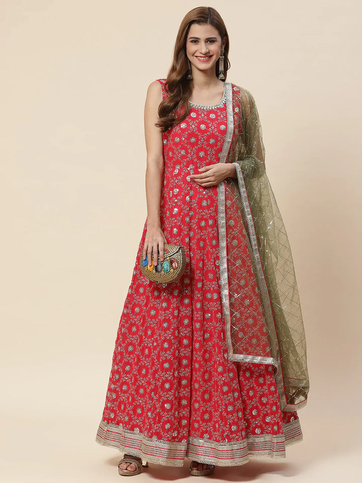 Sequin Embroidered Georgette Kurta With Dupatta