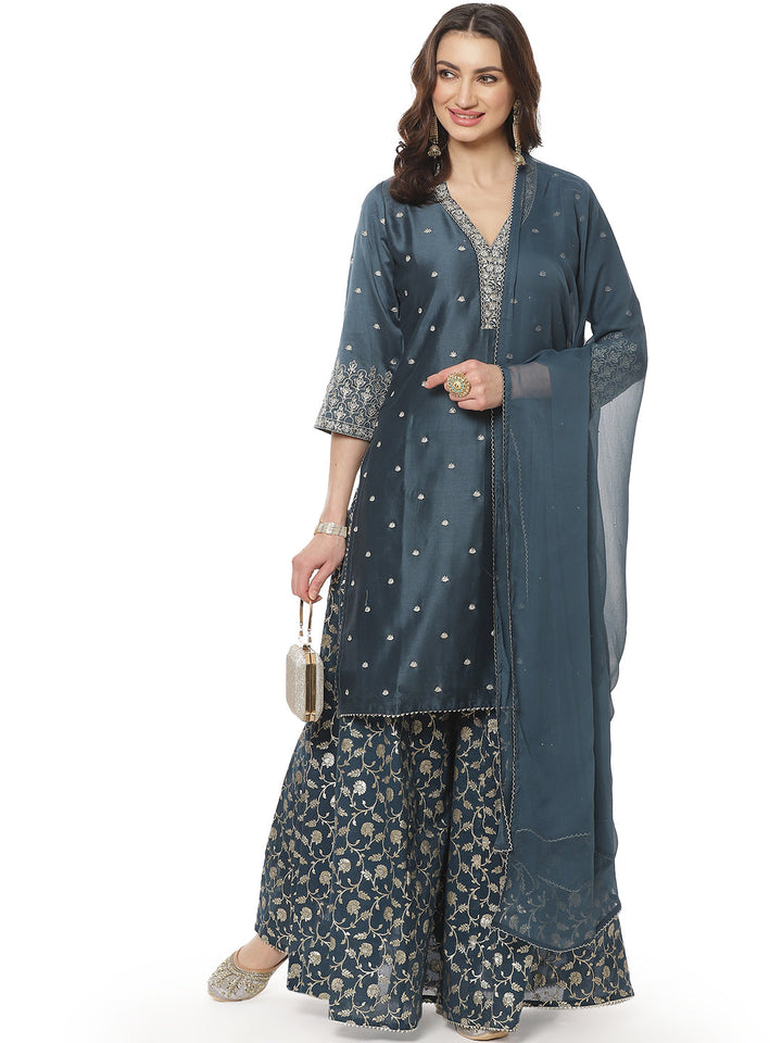 Zari Booti Embroidered Cotton Chanderi Stitched Salwar Kameez With Chiffon Dupatta