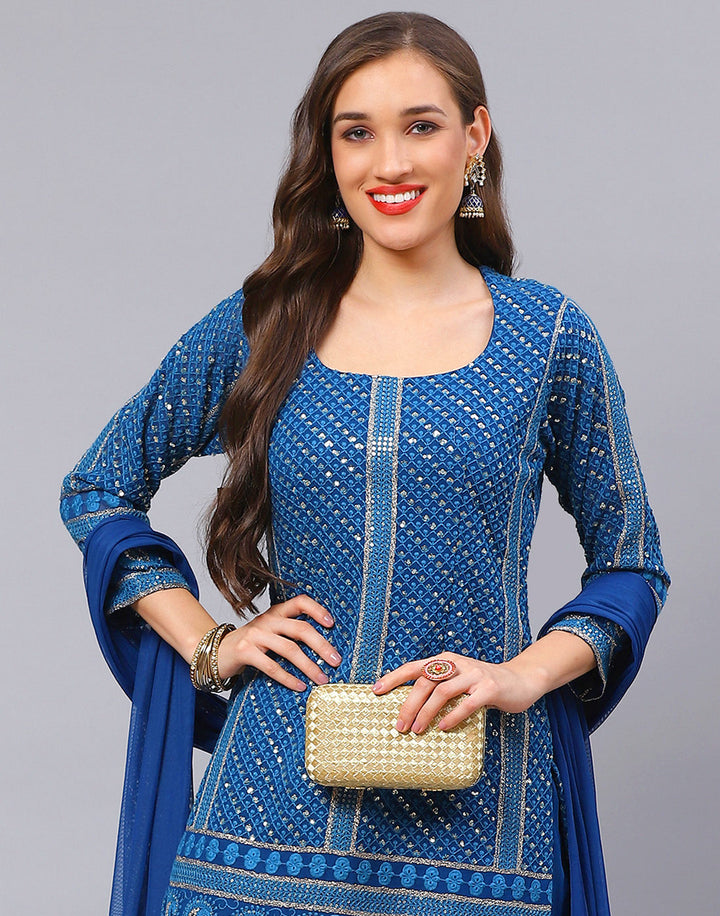 Sequin Georgette Kurti With Sharara &amp; Net Dupatta