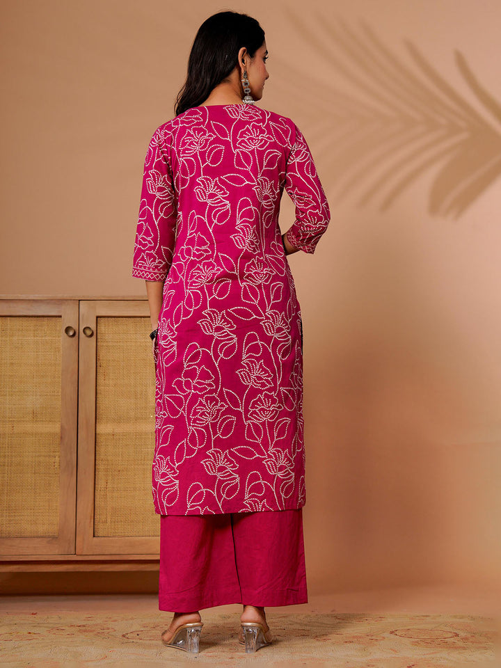 Pink Cotton Blend Printed Straight Suit Set