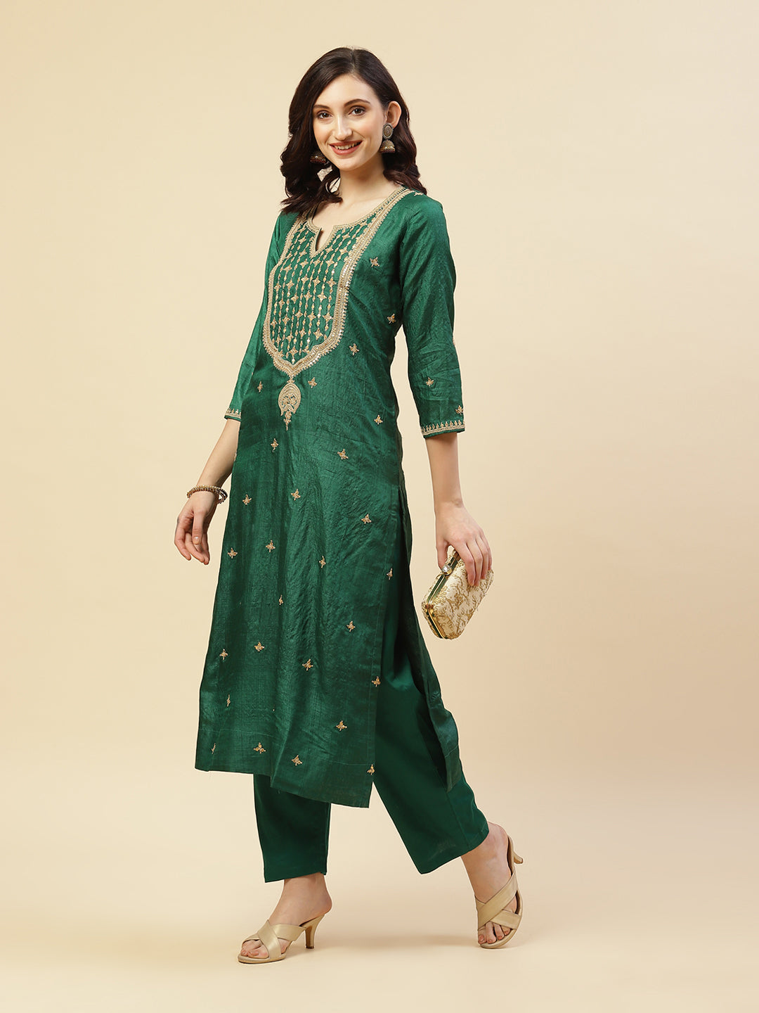 Embroidered Tussar Kurti With Pant