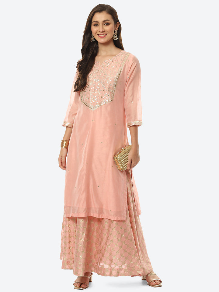 Embroidered Chanderi Kurta With Skirt