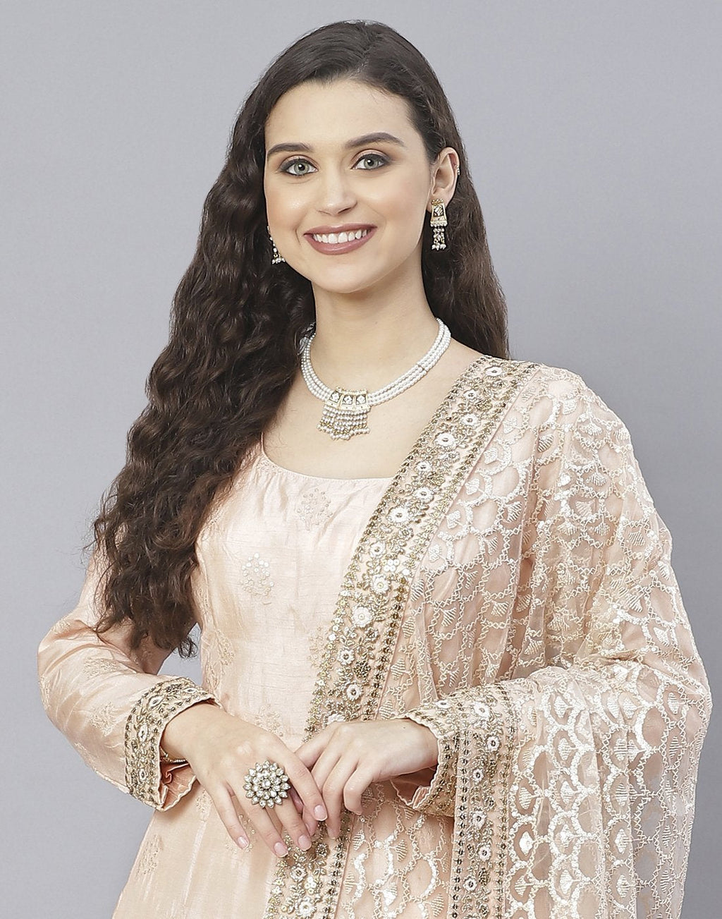 Peach, Sky Blue and Yellow Cotton Chanderi Anarkali Salwar Kameez