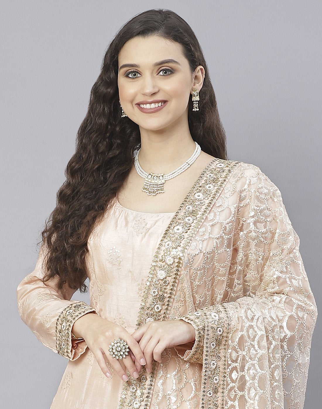 Peach, Sky Blue and Yellow Cotton Chanderi Anarkali Salwar Kameez
