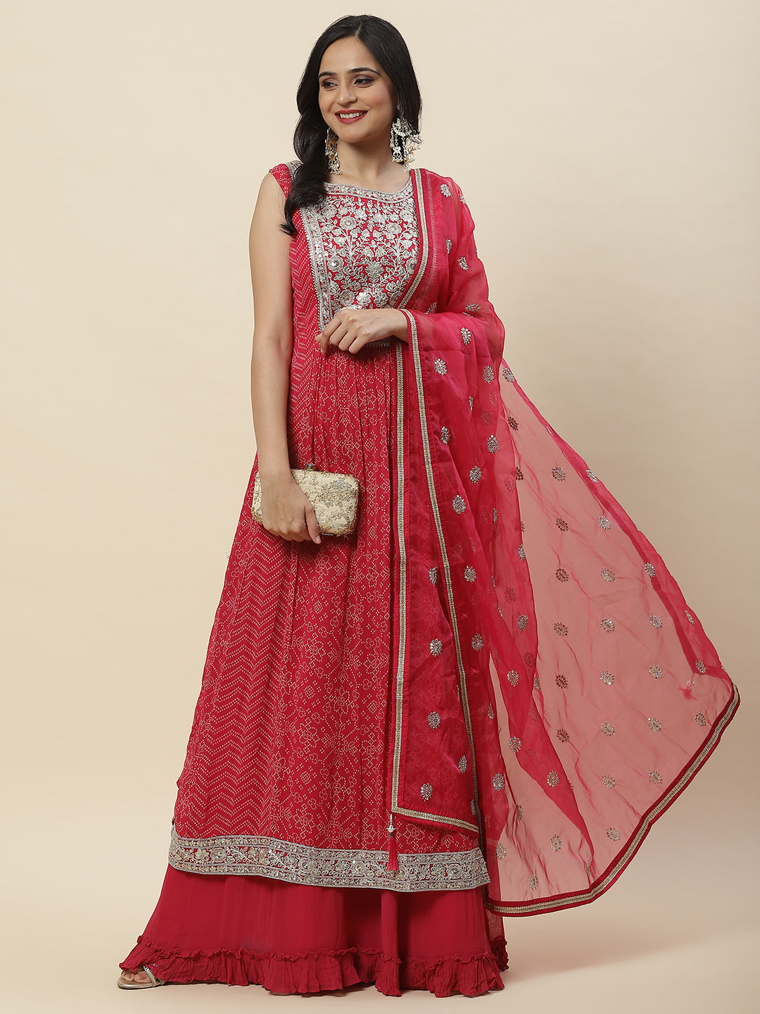 Bandhani Printed Georgette Long Kurta With Skirt &amp; Dupatta