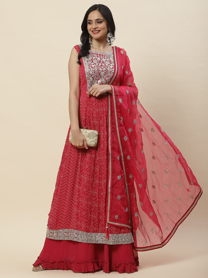 Bandhani Printed Georgette Long Kurta With Skirt &amp; Dupatta
