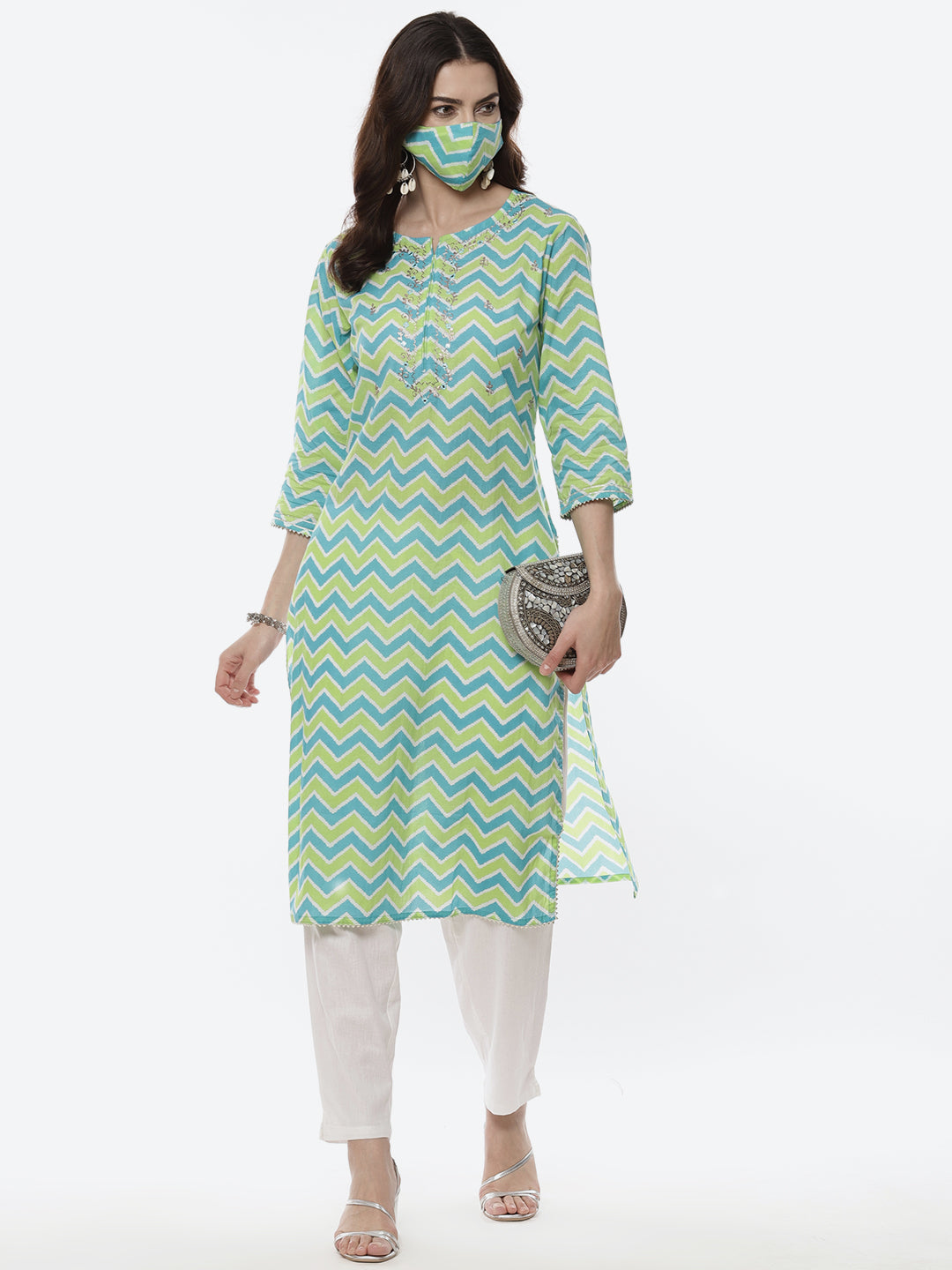 Leheriya Printed Neck Zari Cotton Kurti With Pant