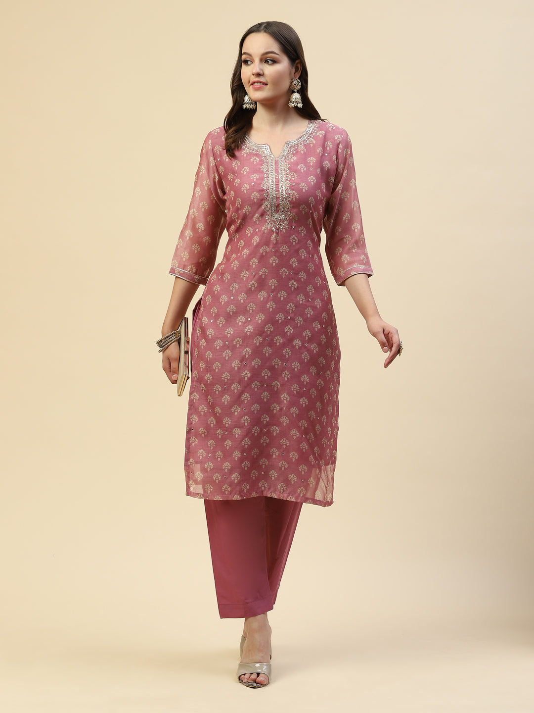 Neck Embroidered Chanderi Kurta With Pants