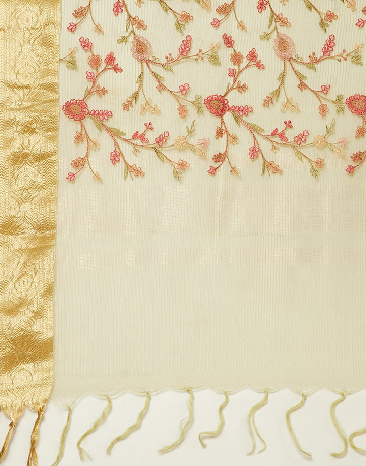 Embroidered Art Handloom Dupion Suit Piece With Organza Dupatta