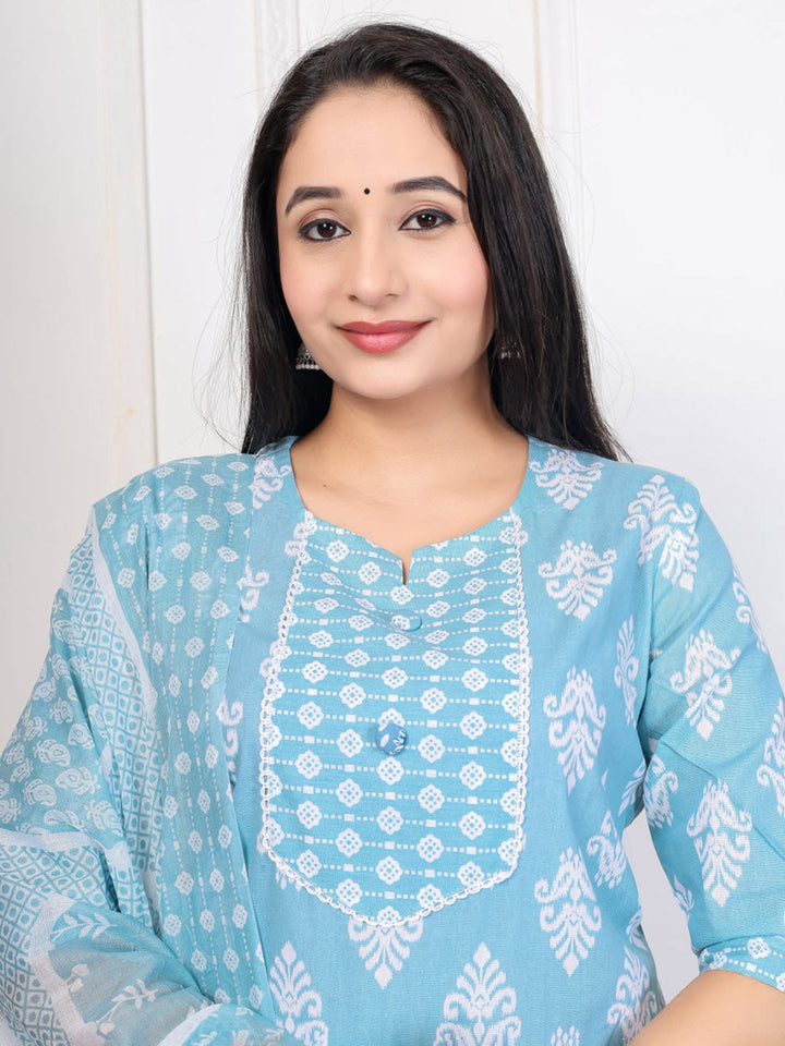 Embroidered Cotton Blend Kurta With Pant &amp; Dupatta
