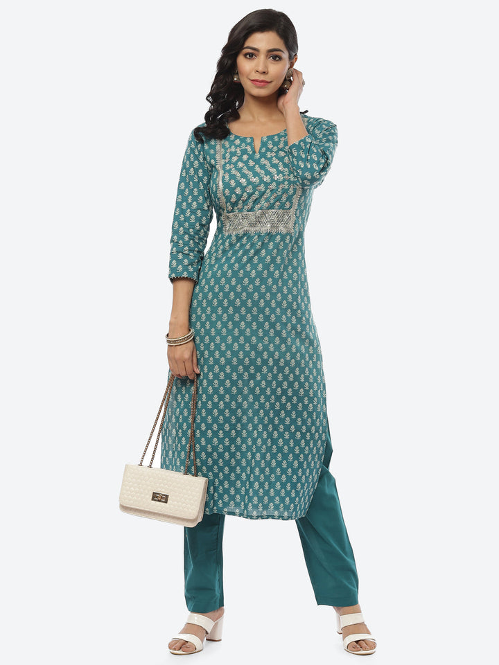 Printed Zari Neck Cotton Kurti With Pant