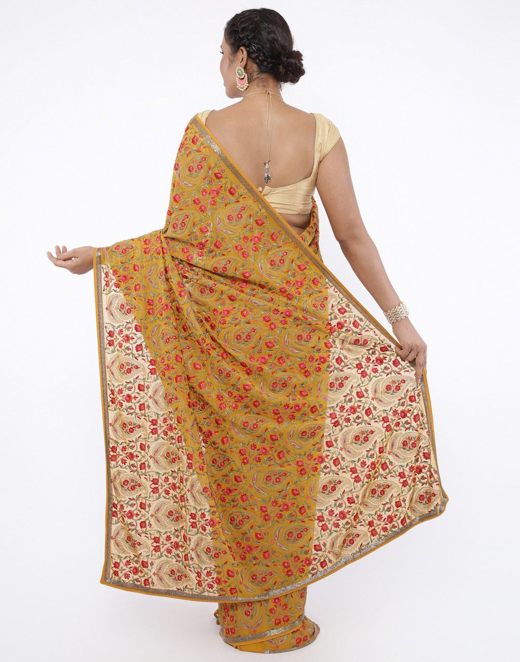 MBZ Meena Bazaar-Black colour georgette Saree With All-over Paisley Thread Embroidery