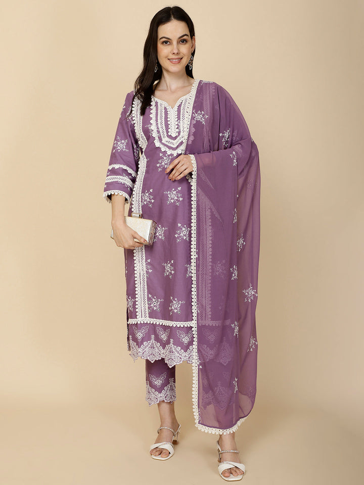 Embroidered Cotton Suit Set With Dupatta