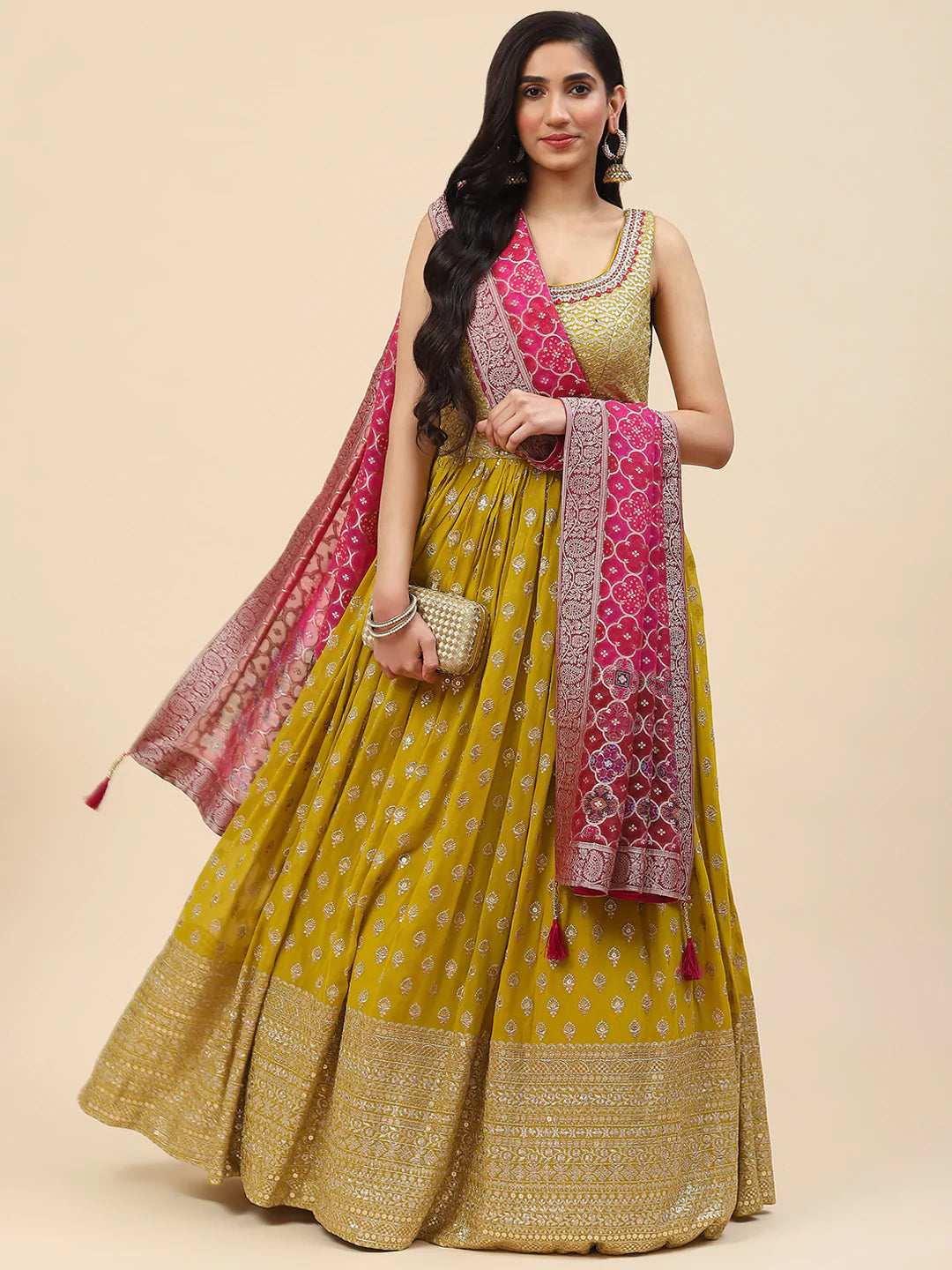 Sequin Embroidered Georgette Kurta With Churidar &amp; Dupatta