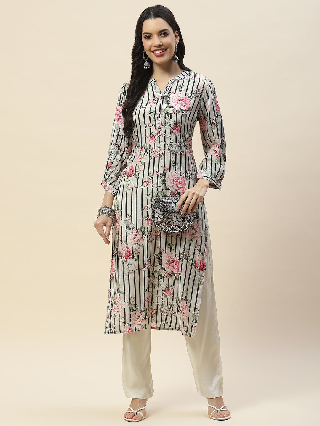 Floral Print Muslin Kurta With Pants