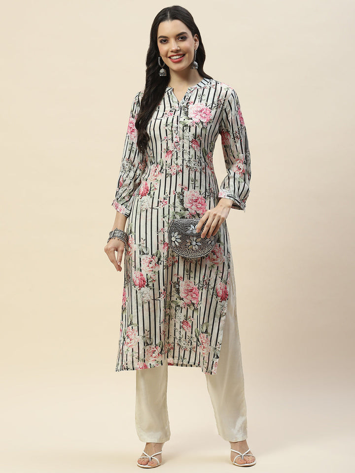 Floral Print Muslin Kurta With Pants