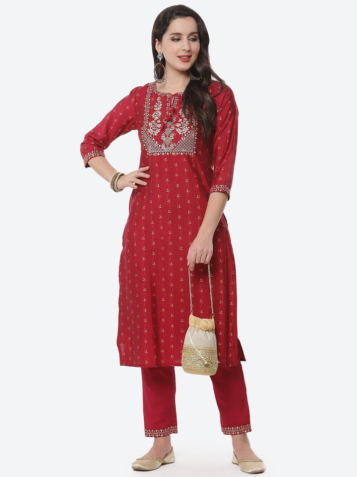 Embroidered Printed Cotton Kurta With Pant