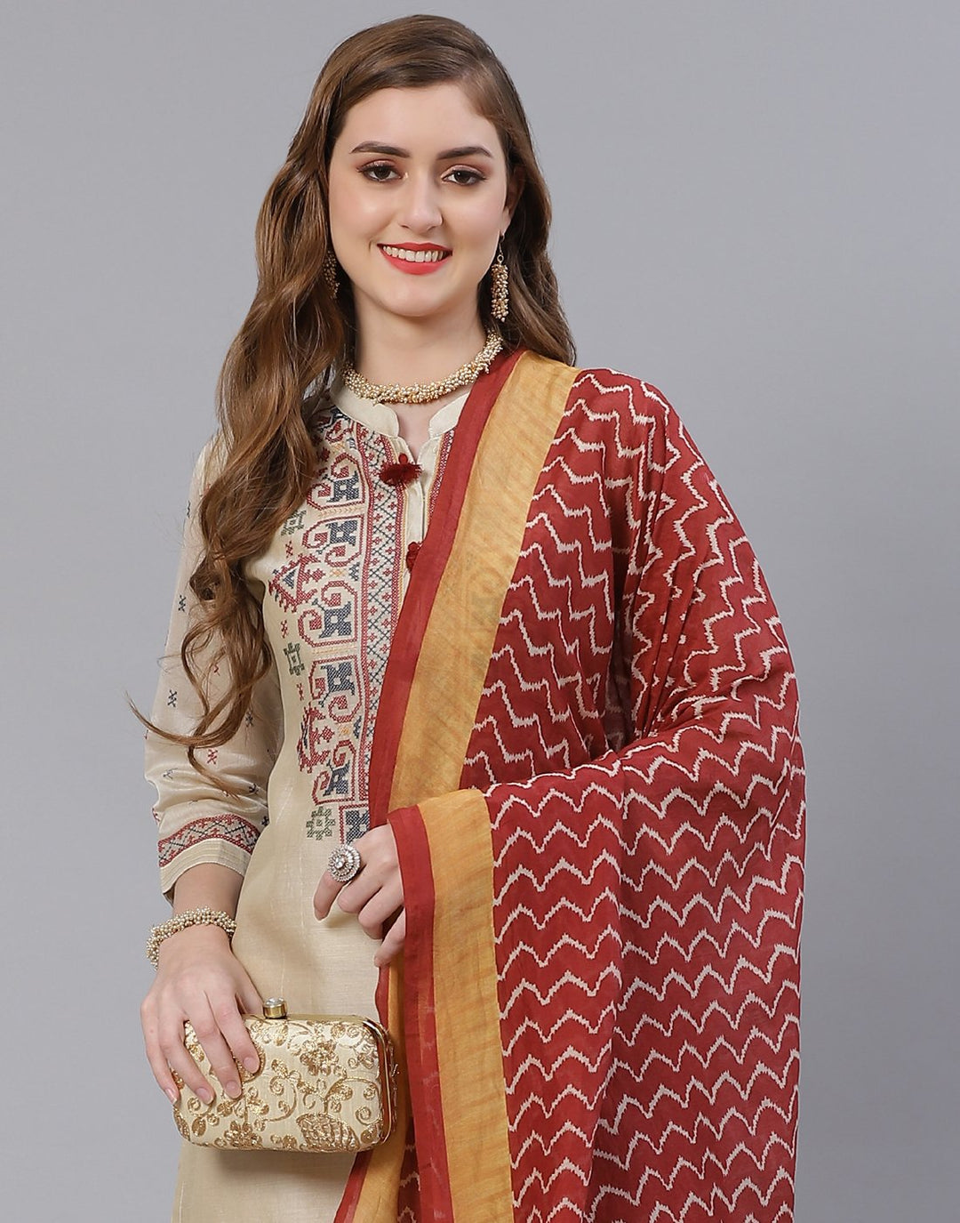 Beige and Grey Cotton Chanderi Salwar Kameez Stitched Suit