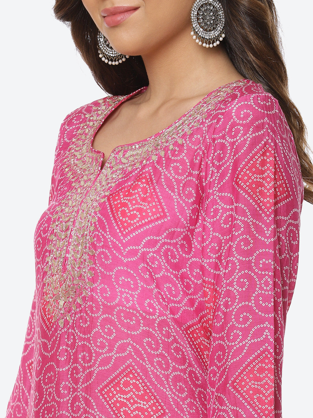 Printed Gota Neck Cotton Kurta With Pant & Dupatta