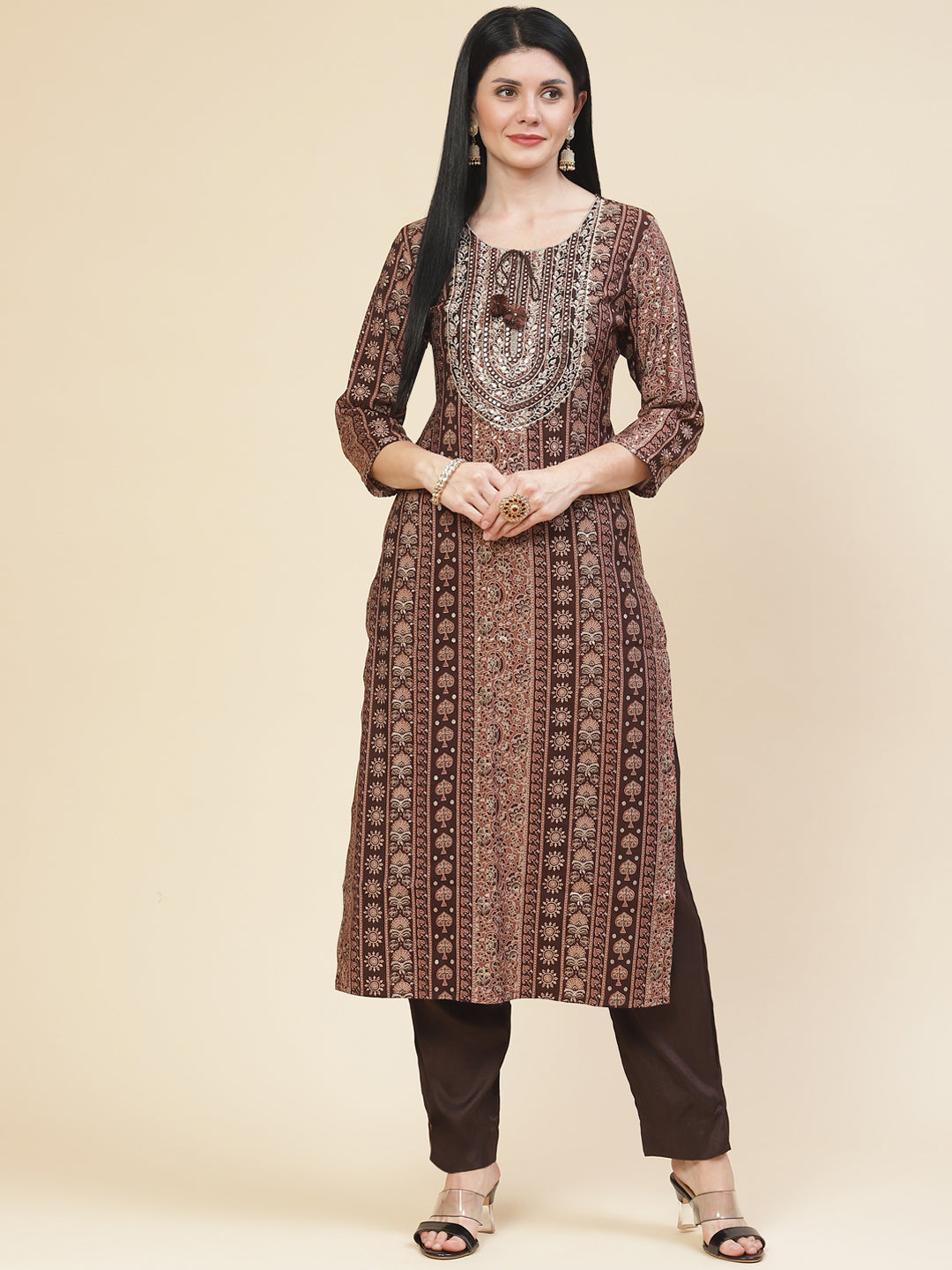 Neck Embroidered &amp; Printed Muslin Kurta With Pants