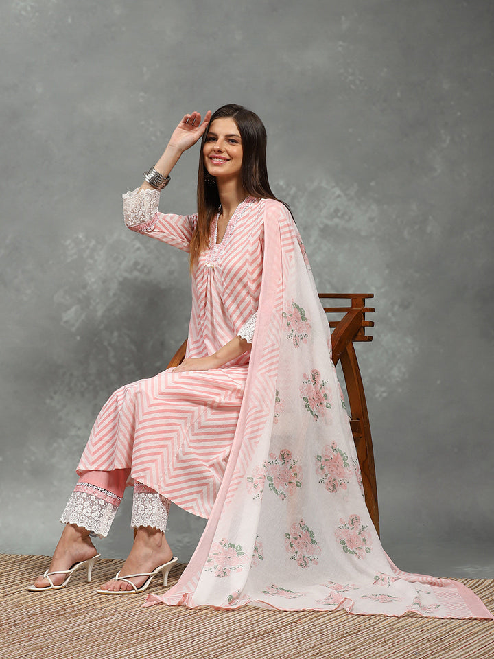 Printed Cotton Blend Kurta With Pants &amp; Dupatta