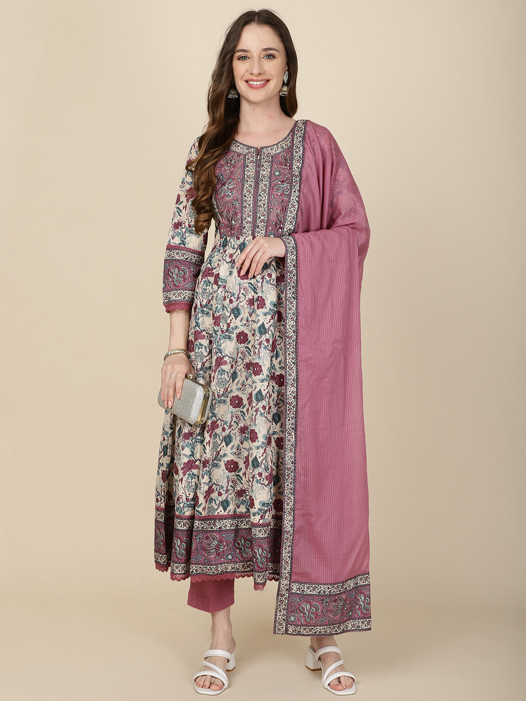 Floral Printed Cotton Kurta With Pants & Dupatta