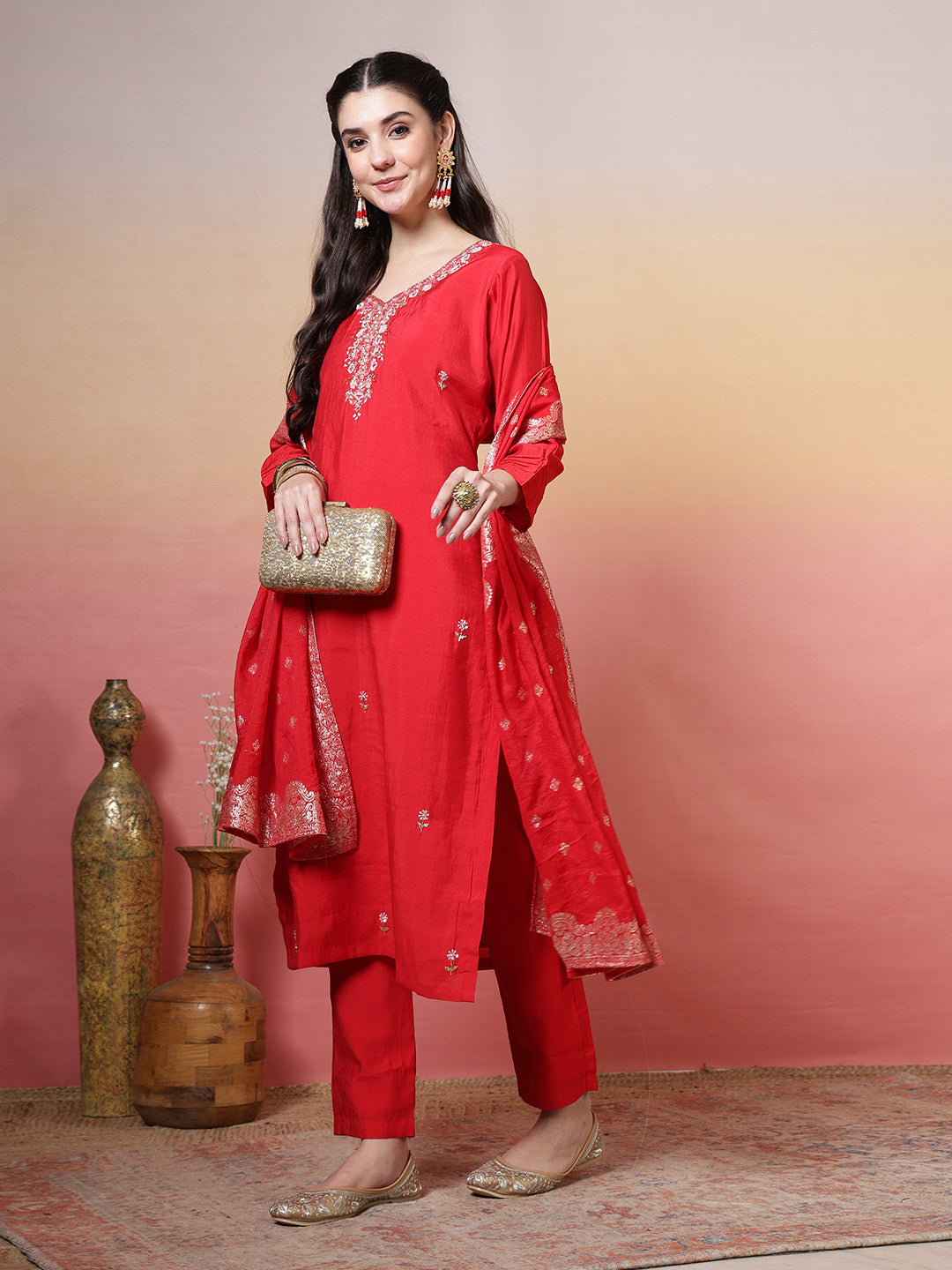 Embroidered Muslin Kurta With Pants &amp; Dupatta