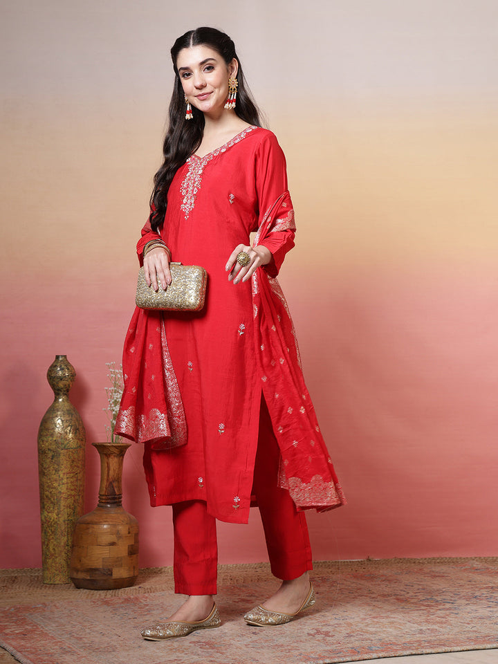 Embroidered Muslin Kurta With Pants &amp; Dupatta